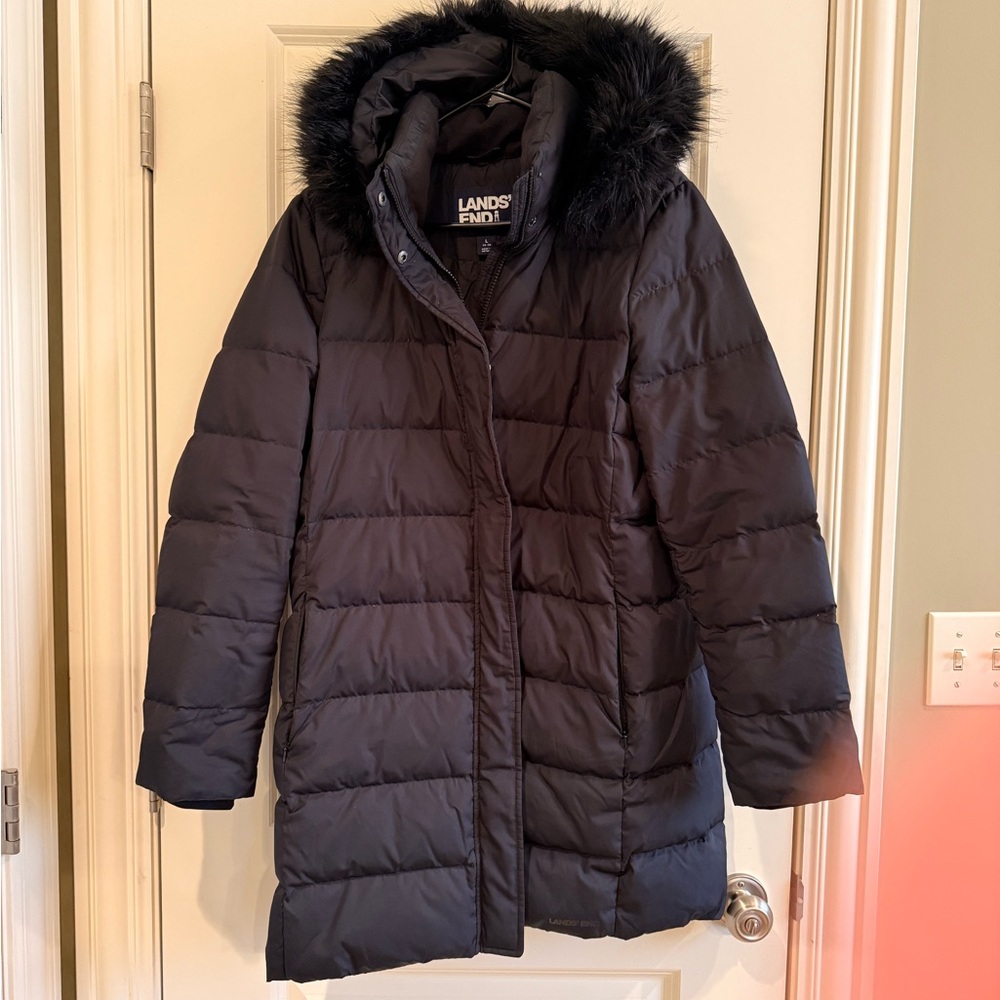 Lands' End Women's Puffer Jacket with Faux Fur Hood